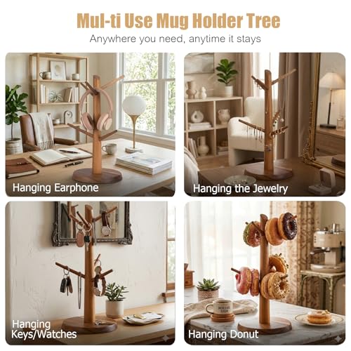 Coffee Mug Tree 6-Hook,Acacia Wood Mug Holder Countertop