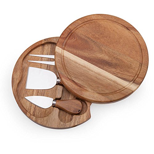 ILEAF Round Slide-Out Acacia Wood Cheese Board and 3 Piece Cheese Tool Set, 7.5 inch Diameter