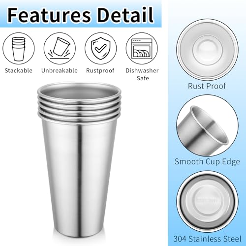 Beasea 20oz Stainless Steel Drinking Cups, 10 Pack 600ml Large Metal Water Tumblers Stackable Shatterproof Unbreakable Stainless Pint Cups for Home Outdoor Party Camping Silver Straight