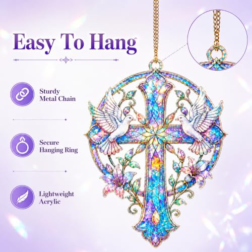 Stained Glass Cross Suncatcher Christian Decor Window Hanging Colorful Carrier Pigeon Dove Cross