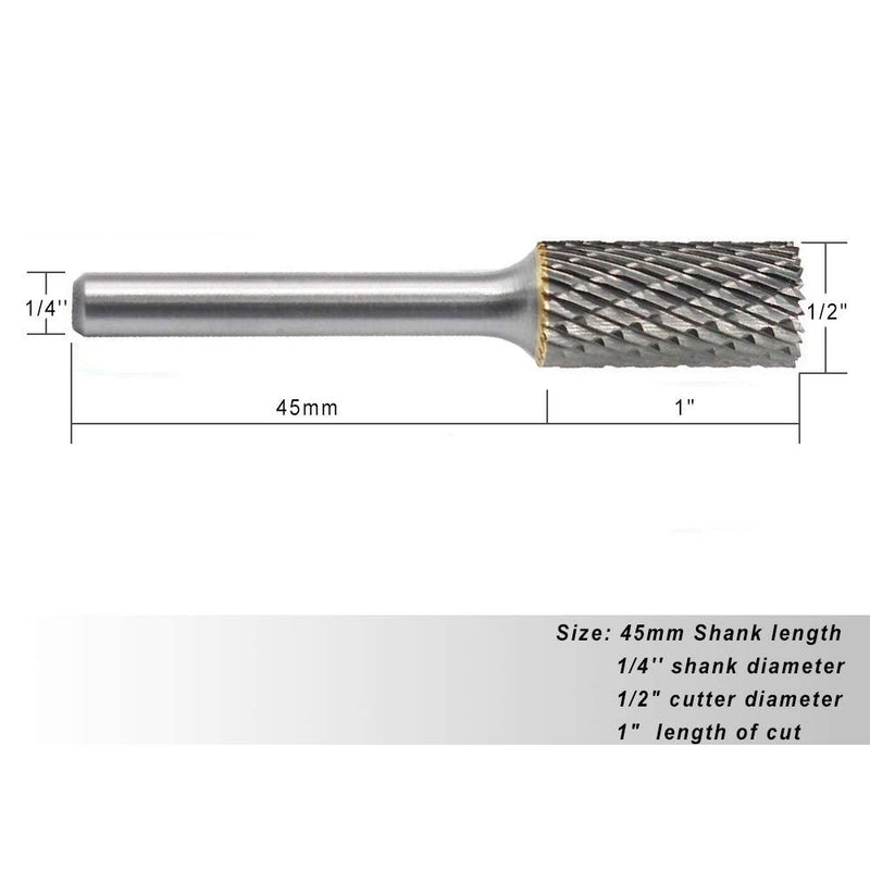 SB-5 5pcs Tungsten Carbide Burr Cylinder Shape Double Cut Rotary Burrs File(1/2''cutter Dia ， 1''Cutter Length) with 1/4'' (6.35mm) Shank dia SB-5-5PCS
