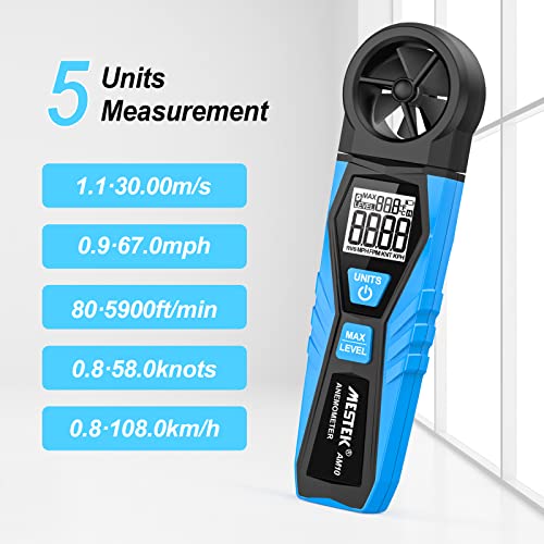 Wind Gauge Digital Anemometer MESTEK Wind Meter Handheld Wind Speed Air Temperature Max Wind Gauge Measure 1.1~30m/s Wind Speed for Windsurfing Kite Drone Flying Sailing Surfing HVAC CFM