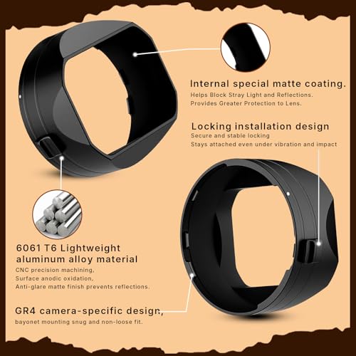 Haoge GR4 Metal Square Lens Hood for RICOH GRVI HDF Camera Lens Accessories Bayonet Mount, Lock Button Design Square Lens Hood with Lock Buckle
