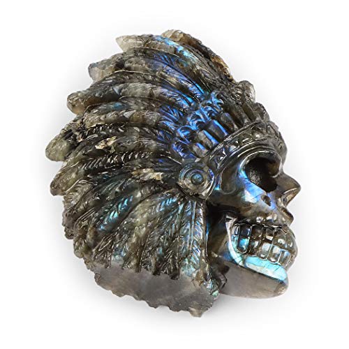 SMQ 2.5" Native American Figurines Labradorite Crystal Indian Skull Head Statue,Hand Carved Gem Skull Figurine Ornament for Halloween Carnival Festival,Home,Closet Decor 2.3*2.5Inches