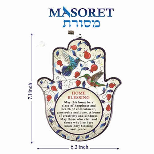 Epoxy Hamsa English Home Blessing 7.5" with Red Pomegranates Motif - Good Luck Hamsa Hand Wall Hanging Decor, Evil Eye Protection Amulet Set 7