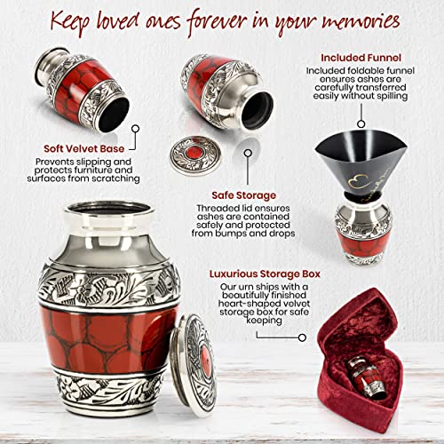 Small Keepsake Cremation Urns for Human Ashes with Velvet Heart Case and Funnel - Crimson : Deep Red Brass Hand Engraved Mini Memorial Urn Red/Crimson Small Keepsake Urn