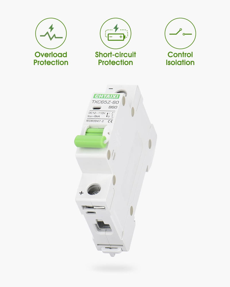 [Australia - AusPower] - 12V-110V DC Miniature Circuit Breaker, 60 Amp 1 Pole Battery Breaker Protector for Solar PV System and RV, Thermal Magnetic Trip, DIN-Rail/Surface Mount, Chtaixi DC Disconnect Switch B60 60 A 