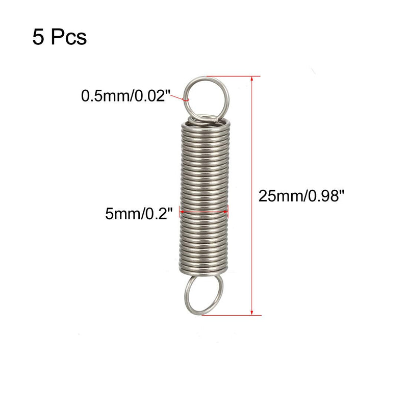 [Australia - AusPower] - uxcell Extended Tension Spring Wire Diameter 0.02" , OD 0.2" , Free Length 0.98" Stainless Steel Small Dual Hook Tension Spring for Machinery Construction Industrial 5pcs 