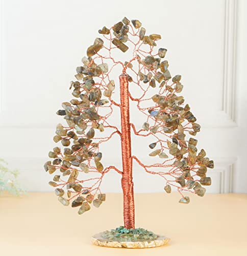 Crocon® Labradorite Crystal Tree of Life Gemstone Tree, Agate Slice Base Labradorite (Copper Wire)