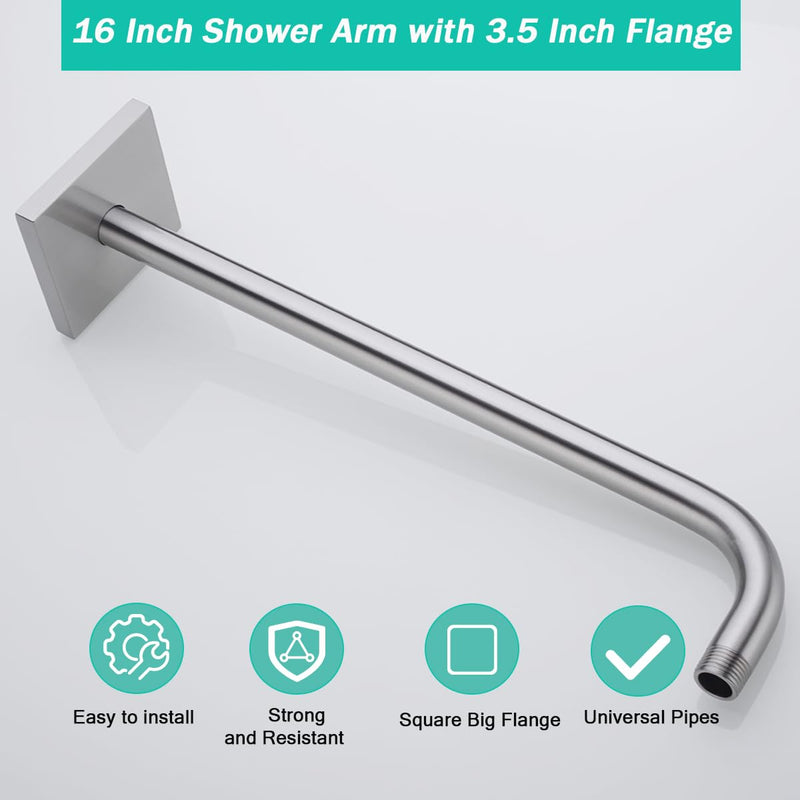 Shower Arm with Flange,16 in Stainless Steel Shower Arm Extension Wall-Mounted For Fixed Shower Head,Rain Shower Head Extender Brushed Nickel,SE-91018-16BN-SQ Large Square Flange-16″Brushed Nickel