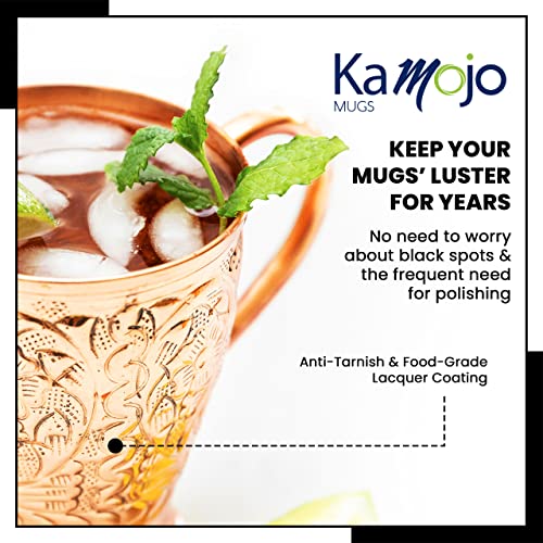Kamojo Copper Cups Set of 2 with Unique Handcrafted Embossed Design with Anti-Tarnish Food-Grade Coating - Moscow Mule Copper Mugs Gift Set with 2 Straws & Recipe E-Book, 16 oz 2 Pack