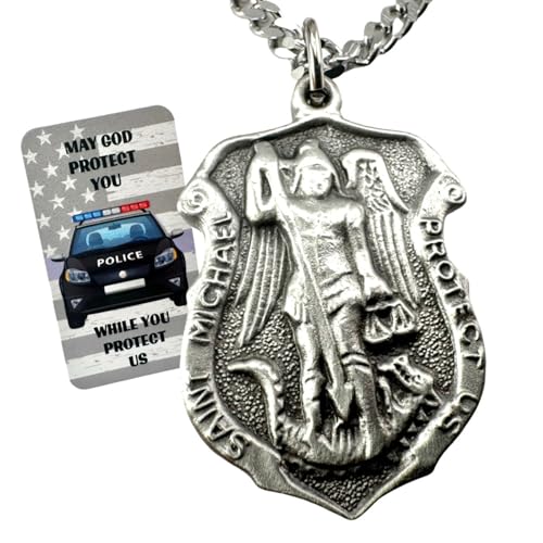 Westmon Works Saint Michael Medal Necklace for Police Pewter Pendant with Stainless Steel Chain Holy Prayer Card and Gift Box Catholic Law Enforcement Protection Pack