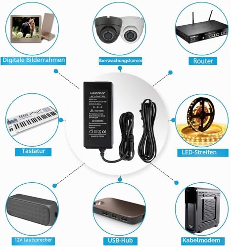ledmo Pack of 3 12V 5A Power Supply Adapter, AC 100-240V to DC 12V 5A 60W | Compatible with LED light strips, monitors, TVs, DVD TVs, camera system SMD 5050/3528/5630 - Euro plug 5.5 x 2.5/2.1 mm 3 Pack 12V 5A 60W