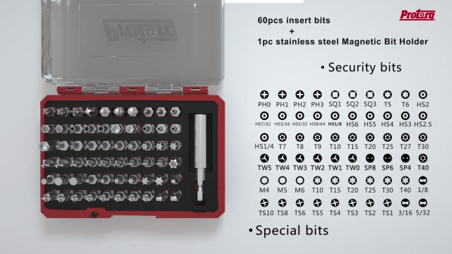 Protorq 61-piece security screwdriver bit set with assorted precision bits and storage case