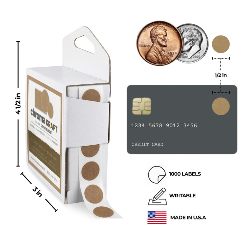 ChromaLabel 1/2 Inch Round Label Kraft Stickers, Box Sealing Stickers, Kraft Sealing Labels, 1000 Round Kraft Labels in Dispenser Box 1/2" Pack of 1