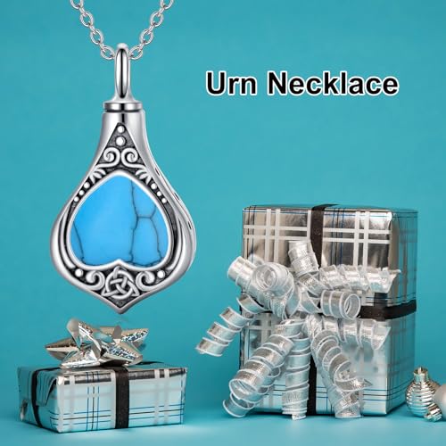 Urn Necklace for Ashes Sterling Silver Cremation Jewelry Bereavement Gifts for Women Celtic-Turquoise Heart