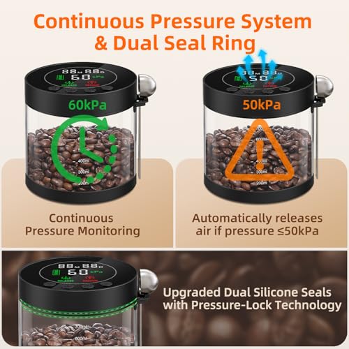 Automatic Vacuum Coffee Canister, 0.8L Coffee Container with LED Display Glass 0.8L/12oz