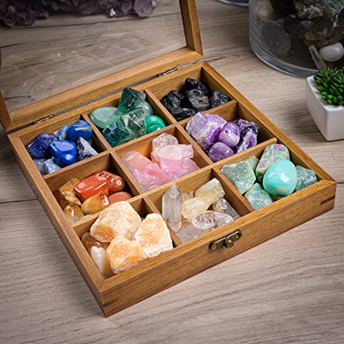 Rock Display Case - 8" x 8" Rock Collection Box for Kids & Adults - Crystal Holder for Stones Display Shelf with 9 Compartments & Acrylic Lid - Gemstone & Crystal Storage Box Organizer