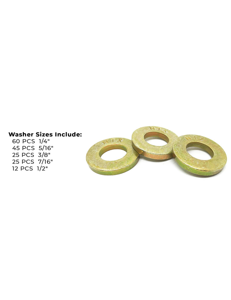 1/4" 5/16" 3/8" 7/16" 1/2" Grade 8 SAE Extra Thick Flat Washer Assortment Kit - 168 Pieces!