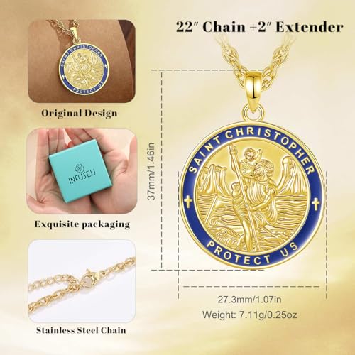 INFUSEU Catholic Religious Pendant Necklaces for Men Women, Saint Michael Christopher Benedict Crucifix Faith Jewelry, 22-24 Inch Chain St Christopher Blue