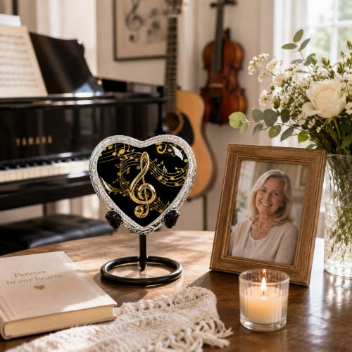 Musical Notes Heart Keepsake Urn for Human Ashes – Black Small Sharing Urn for Men & Women – Music Memorial with Stand & Velvet Bag