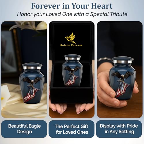 Solace Forever Small Urns for Human Ashes - Patriotic Eagle with US Flag Design - Mini Urn Keepsake Memorial for Men and Women - Handcrafted Remembrance Urn for Ashes (Black, Set of 1) Black