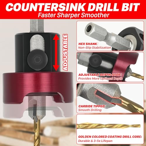 KEENTECH 3/8-inch carbide-tipped countersink tapered drill bit with 5/32-inch drill diameter and depth stop