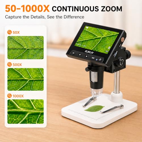 Elikliv Microscope, LCD Digital Coin Microscope 1000x, Coin Magnifier with 8 Adjustable LED Lights, PC View Compatible with Windows/MacBook, EDM4, 4.3-Inch White