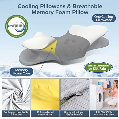 Cervical Neck Pillow for Pain Relief, Ergonomic Side Sleeper Pillow for Sleeping, Orthopedic Neck Support Contour Memory Foam Pillow for Side Back Stomach Sleepers, Ideal for Office Travel Grey&white