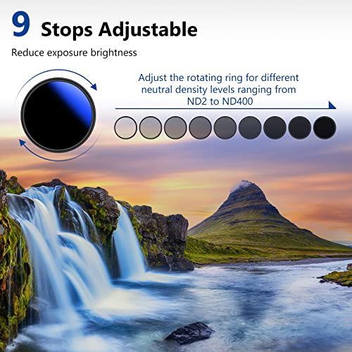 NEEWER 55mm Variable ND Filter ND2-ND400 (1-9 Stops), Neutral Density Filter, Multiple Coatings, Water and Scratch Resistant