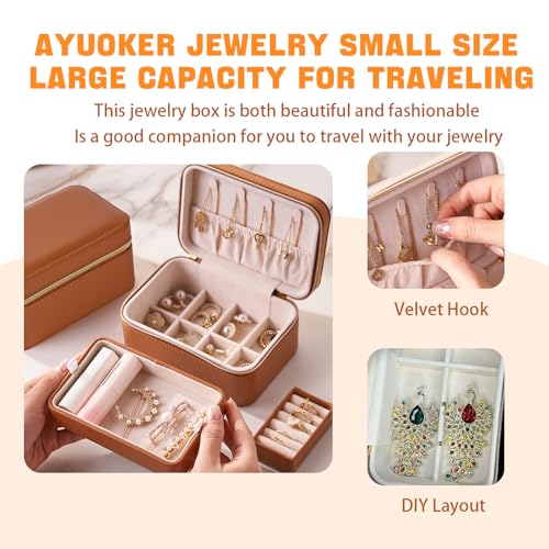 Brown Small Travel Jewelry Box,2 Layers PU Leather Travel Jewelry Box with Double Zippers, Portable Travel Jewelry Organizer for Necklace/Bracelet/Ring/Brooch brown