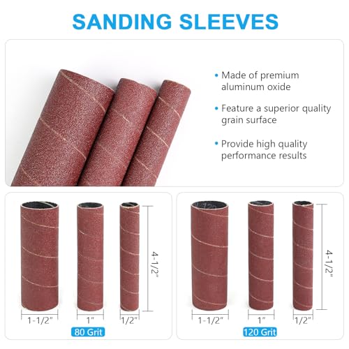 Spindle Sander Adapter 4-1/2" x 1/2" with Rubber Sanding Drum Kit OD 3/4", 1", 1-1/2" and Sandpaper Sleeves Grit # 80,120 - S/16