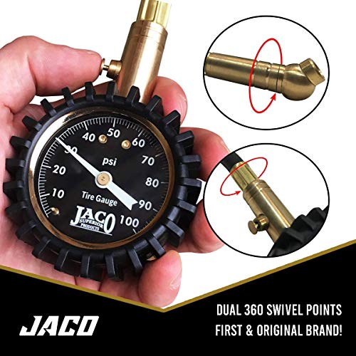 JACO ElitePro tire pressure gauge with 100 PSI dial display and durable handheld design