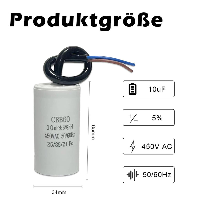 CBB60 450V 10uf 50/60HZ Starting Capacitor, Motor Operation Capacitor, ANGEEK Motor Capacitor, Suppression Capacitor, Engine Start Capacitor, Microfarad Capacitor with Wire