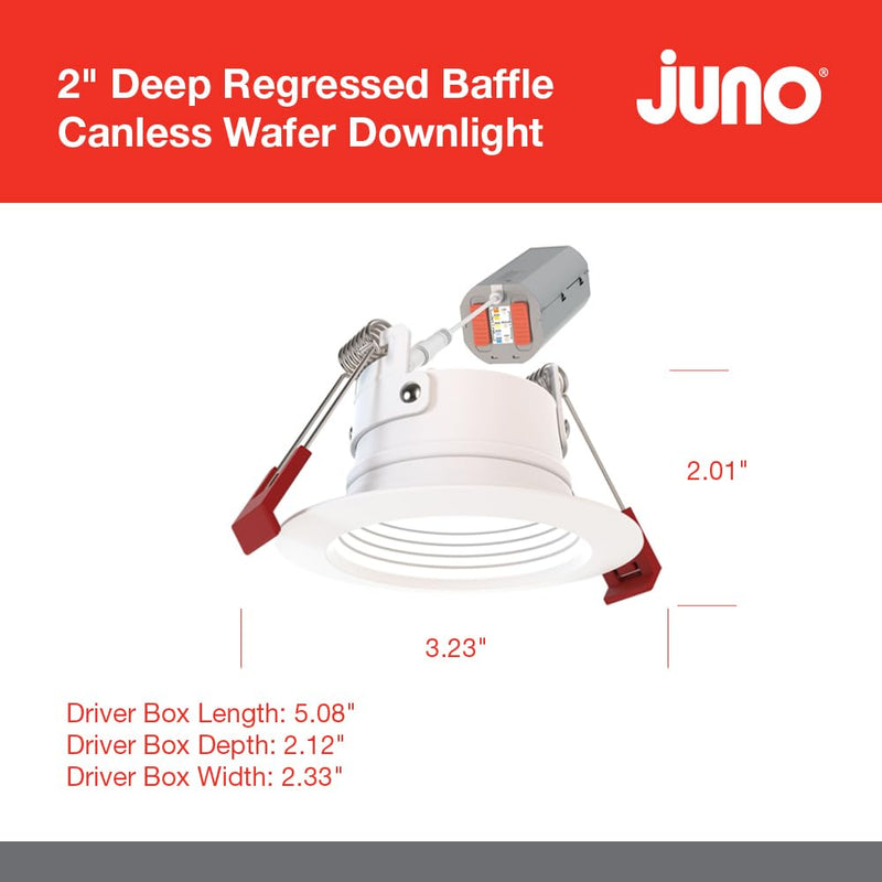 Juno WF2 Dreg B ALO25 SWW5 90CRI 120 MW M6 Canless Wafer Recessed LED Downlight, Deep Regressed Baffled Trim Style, 2-Inch, Matte White Deep Baffle Trim