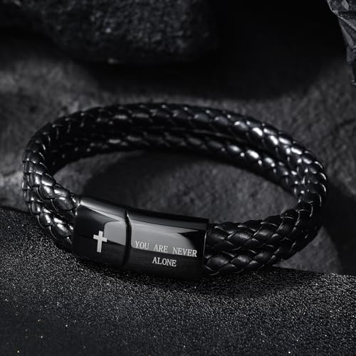Christian Bracelet for Men, Bible Verse Leather Cross Gift for Men A-Joshua 1:9