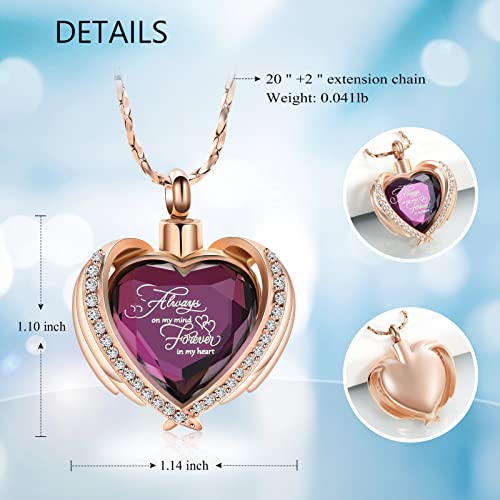 Cremation Jewelry for Ashes Pendant - Crystal Heart Urn Necklace with Mini Keepsake Urn Memorial Ash Jewelry Always-Rose Gold-Purple