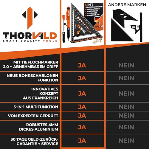 THORVALD Zimmermannswinkel 5-in-1 - Protractor Try Square + Deep Hole Marker - Aluminum Angle with 180 mm Side Length for Precise Marking & Drawing / Multifunctional Perfect to Save Time Angle 180 mm + pencil