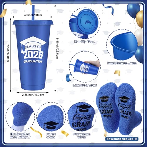 LemonRoad 30 Pcs Class of 2026 Blue Graduation Gift Bulk Congrats Grad PVC Gift Bag and Socks Plastic Tumblers with Lid and Straw Ballpoint Pens Inspirational Notepads Graduation Party Favors