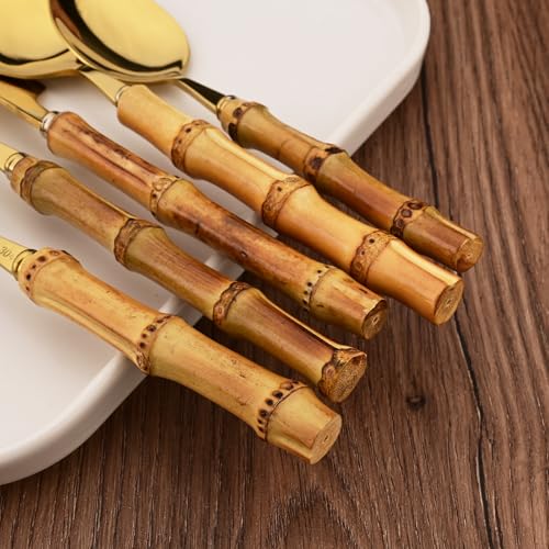 Stainless Steel Flatware Set, Bamboo Handle Silverware Set, Reusable Eating Utensils for Home Kitchen and Restaurant, Modern Gold Cutlery Set, 24 Pieces Service for 6 24-Piece Service for 6