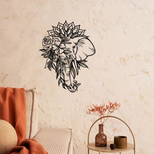 Rajukit Elephant with Lotus Metal Wall Art – Indian Home Decor Black