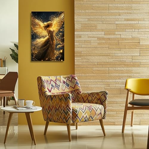 CHAOSETKEN Angel Girl Canvas Wall Art Angel & Gold Wing Pictures Prints Holy Portrait Paintings Night Sky Landscape Artwork for Living Room Office Decor Frame (24L x 16W) 24L" x 16W"