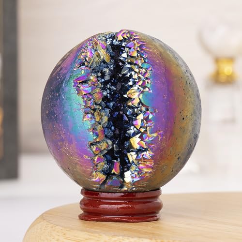 TUMBEELLUWA Healing Crystal Druzy Geode Sphere with Wooden Stand Rainbow 2.40-2.76" (61-70 mm)