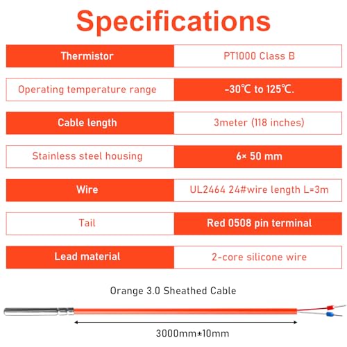 PT1000 Temperature Sensor, Temperature Sensor, 3 Metre Silicone Cable Cable, Temperature Sensor Heating, up to +200°C, Cable Sensor, Solar Sensor for Industrial and Household Appliances Applications