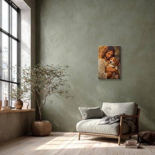 Anypicrt Jesus Poster Framed Jesus Hugs Beagle Dog Wall Art Religious Canvas Painting Picture Prints Pet Modern Wall Decor for Room 12"L x 8"W
