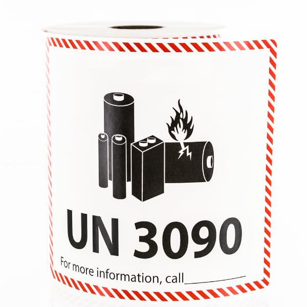 LabelValue.com | UN 3090 Lithium Battery Handling Label/Sticker - 4.75” x 4.5”, [300 Labels/1 Roll], Hazardous Icons with Red Dashed Border | Warning Stickers to Help Maintain IATA Compliance