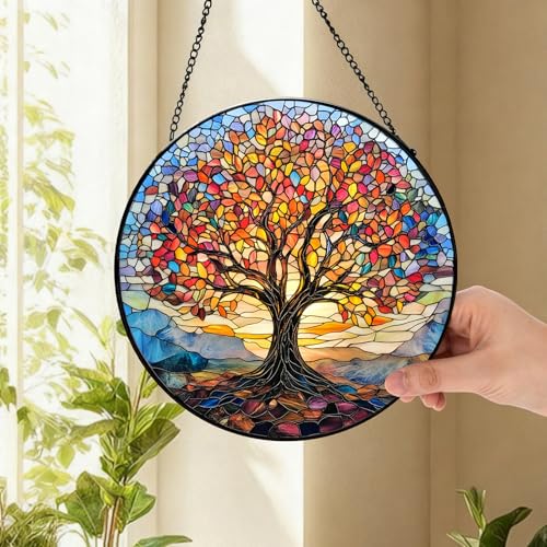 Stained Glass Tree of Life Suncatcher - 7.9" Real Glass Rainbow Mosaic Window Hanging, Weatherproof Spiritual Zen Decor, Vibrant Family Roots Housewarming Gift for Mom Grandma Women Yellow