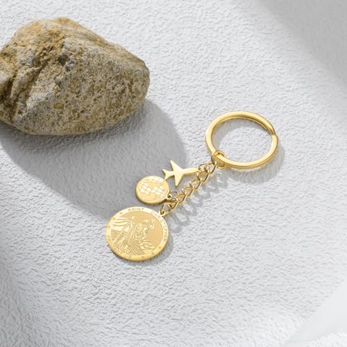 Dreamtimes St. Christopher Keychain for Men Women Airplane Key Ring Map Stainless Steel Keychains Good Luck for Travel Lovers Gold