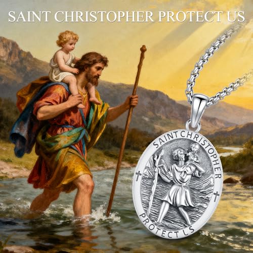 925 Sterling Silver Saint Religious Necklace for Men Women B11-Saint Christopher-Oval-Silver