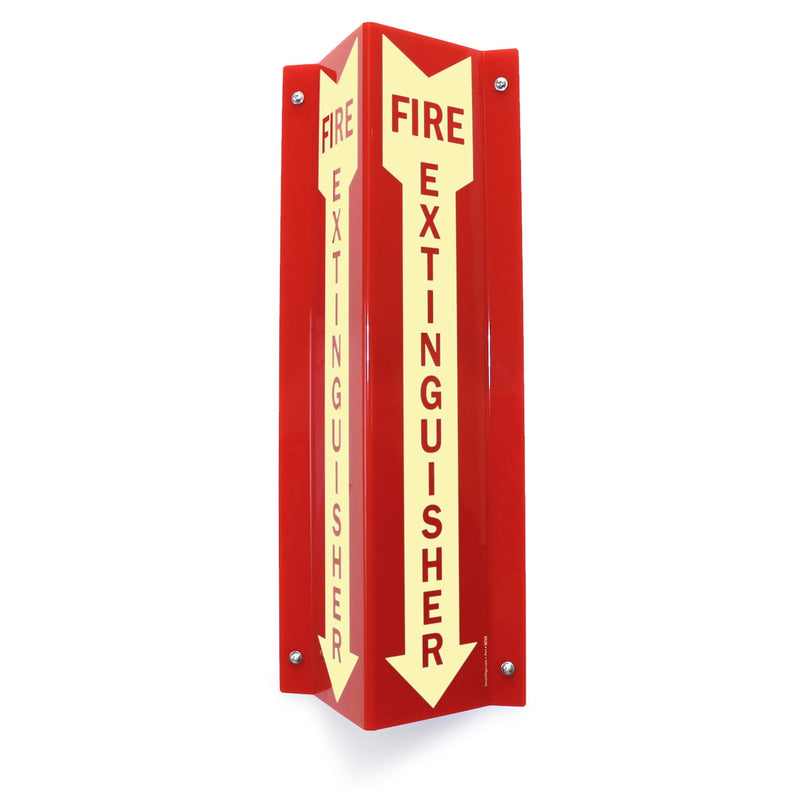 SmartSign "Fire Extinguisher" Two-Sided V-Shaped Projecting Sign with Down Arrow, 18 x 4 inch, 120 mil Thick Glow-In-The-Dark Polished Acrylic, Photoluminescent #2. Glow-in-the-Dark Red Acrylic